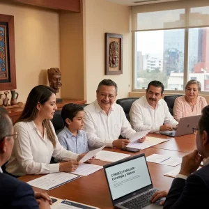 Miembros de una familia empresaria, incluyendo un niño, sentados a una mesa de juntas analizando documentos sobre ¿Qué decisiones puede y no puede tomar el consejo de familia?.