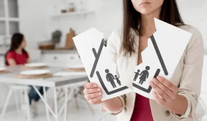 Una mujer sostiene un dibujo de una casa y una familia roto a la mitad, simbolizando los riesgos de no institucionalizar una empresa familiar para la unidad del hogar.