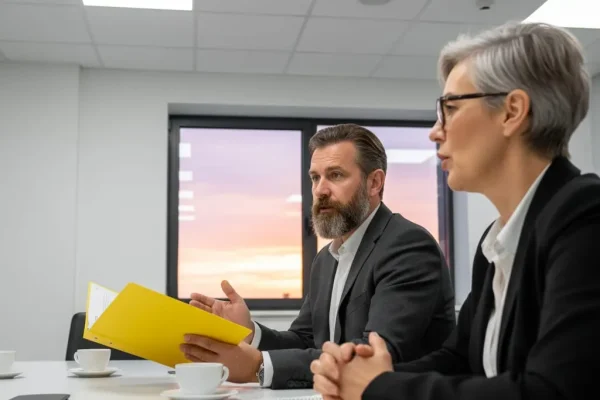 Imagen de dos colaboradores de Reyes Iniesta explicando qué es un Consejo de administración en una empresa familiar