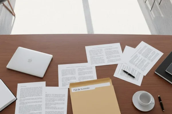 Foto de varios documentos para el plan de sucesión dispersos en un escritorio