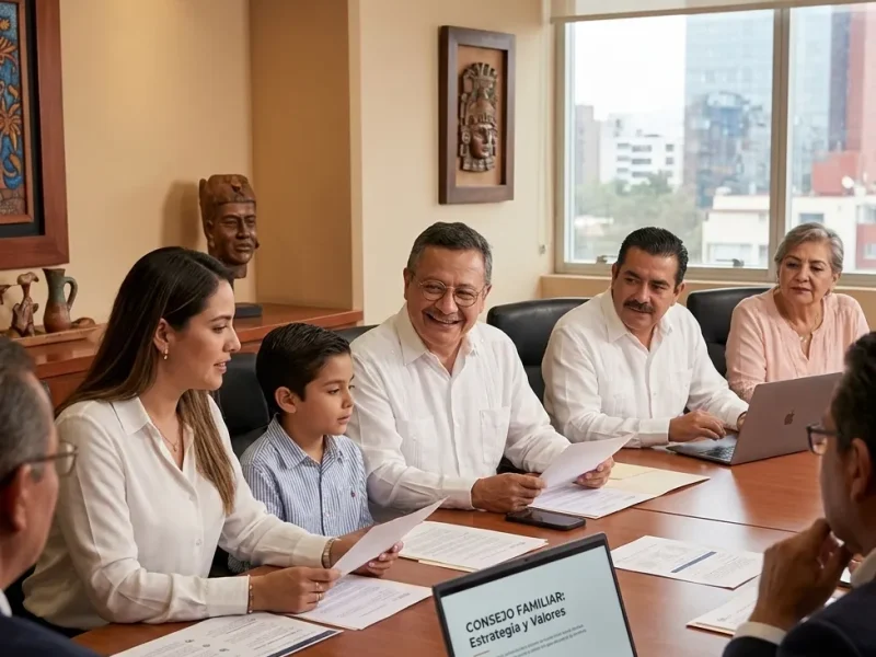 Miembros de una familia empresaria, incluyendo un niño, sentados a una mesa de juntas analizando documentos sobre ¿Qué decisiones puede y no puede tomar el consejo de familia?.